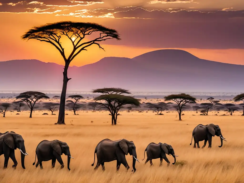 Amplia fotografía de una vasta sabana africana al atardecer, con elefantes y acacias