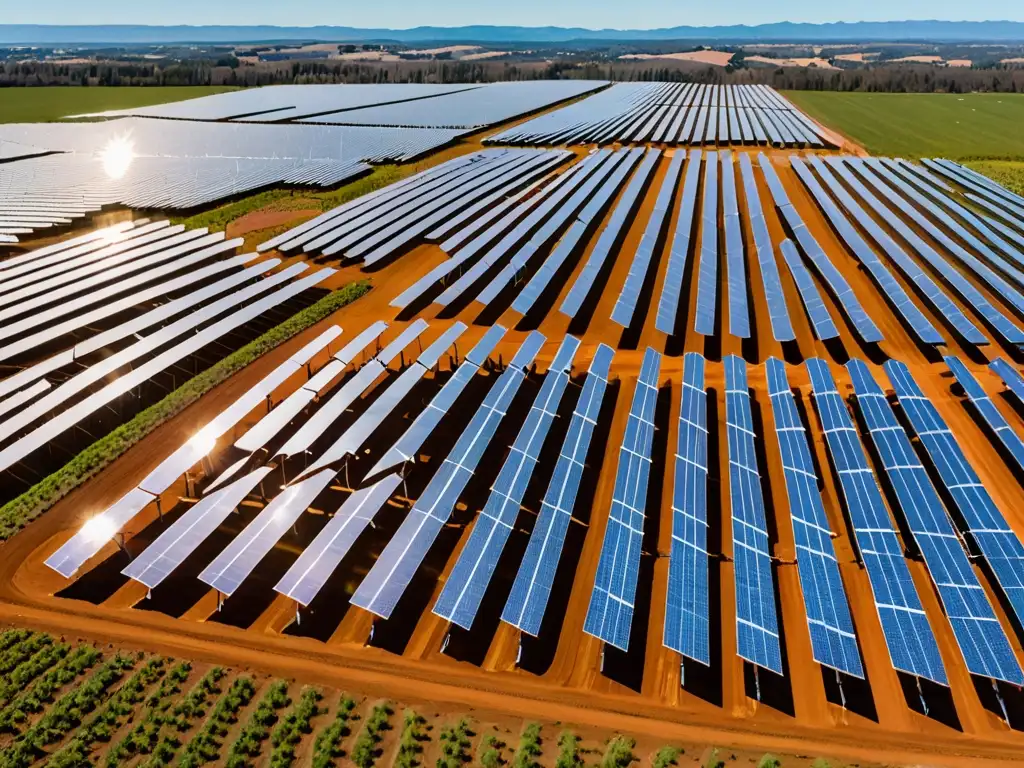 Una amplia vista de una granja solar con paneles brillantes y personas trabajando