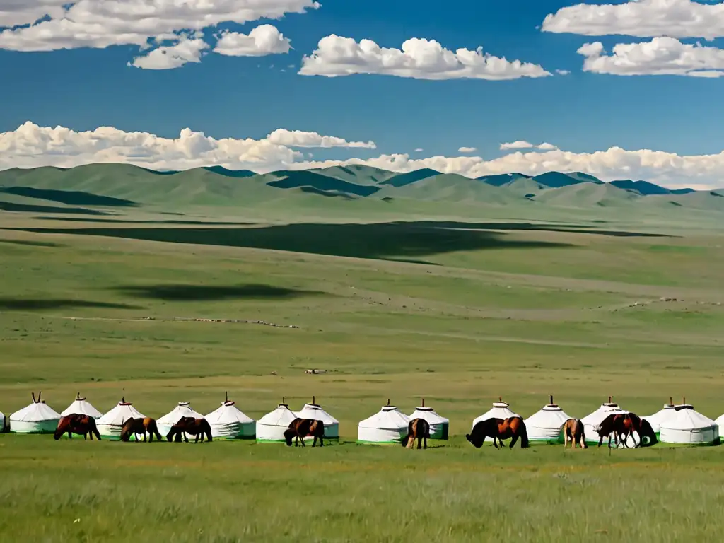 Amplias estepas mongolas con pastizales verdes y pastores a caballo