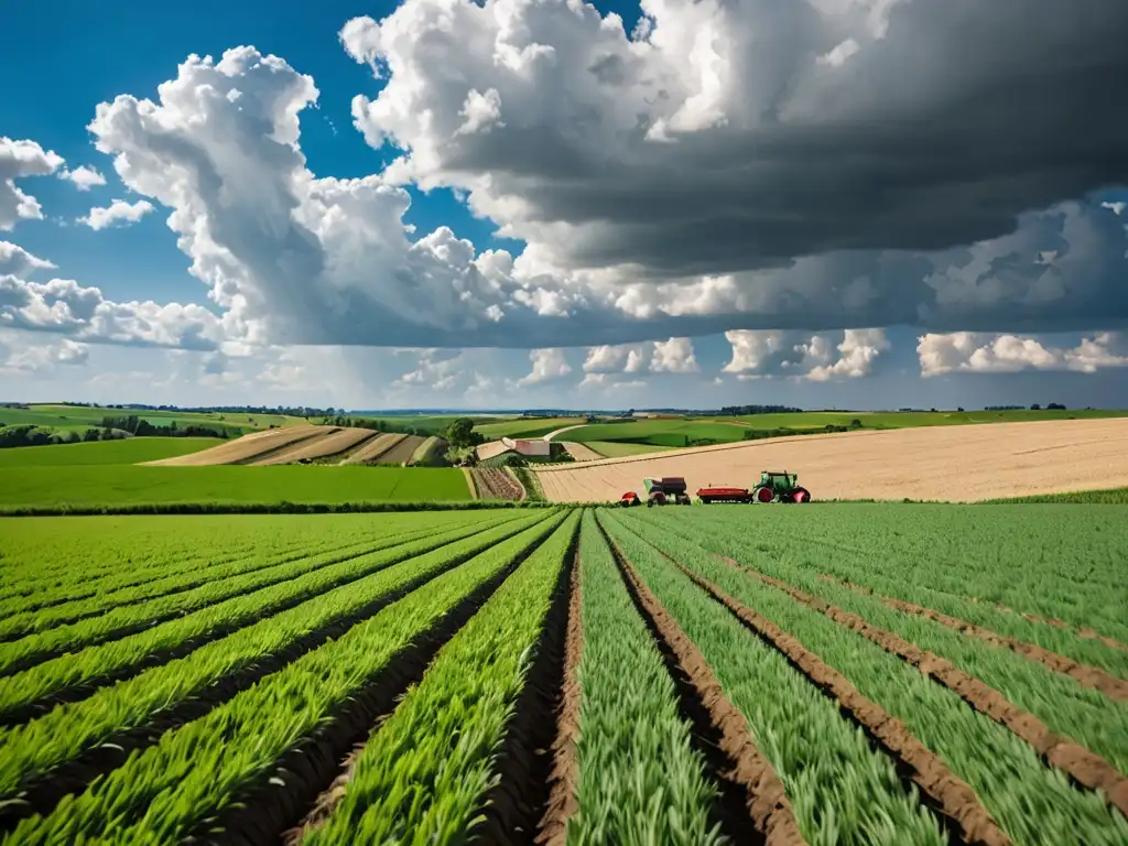 Amplio paisaje agrícola con cultivos verdes y un cielo azul