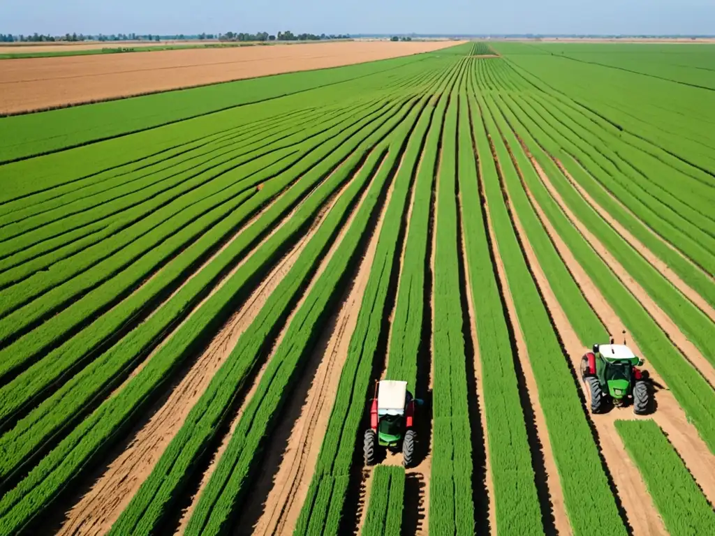 Amplio paisaje agrícola con cultivos verdes bajo un cielo azul