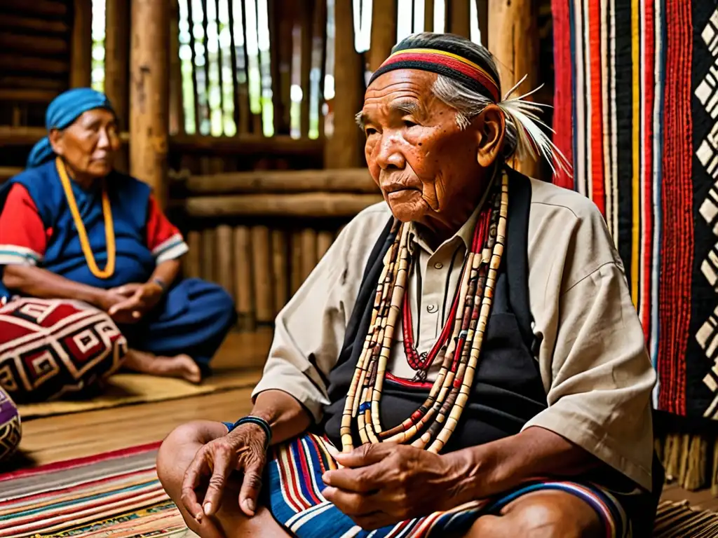 Un anciano indígena en una casa tradicional, con tejidos y artefactos