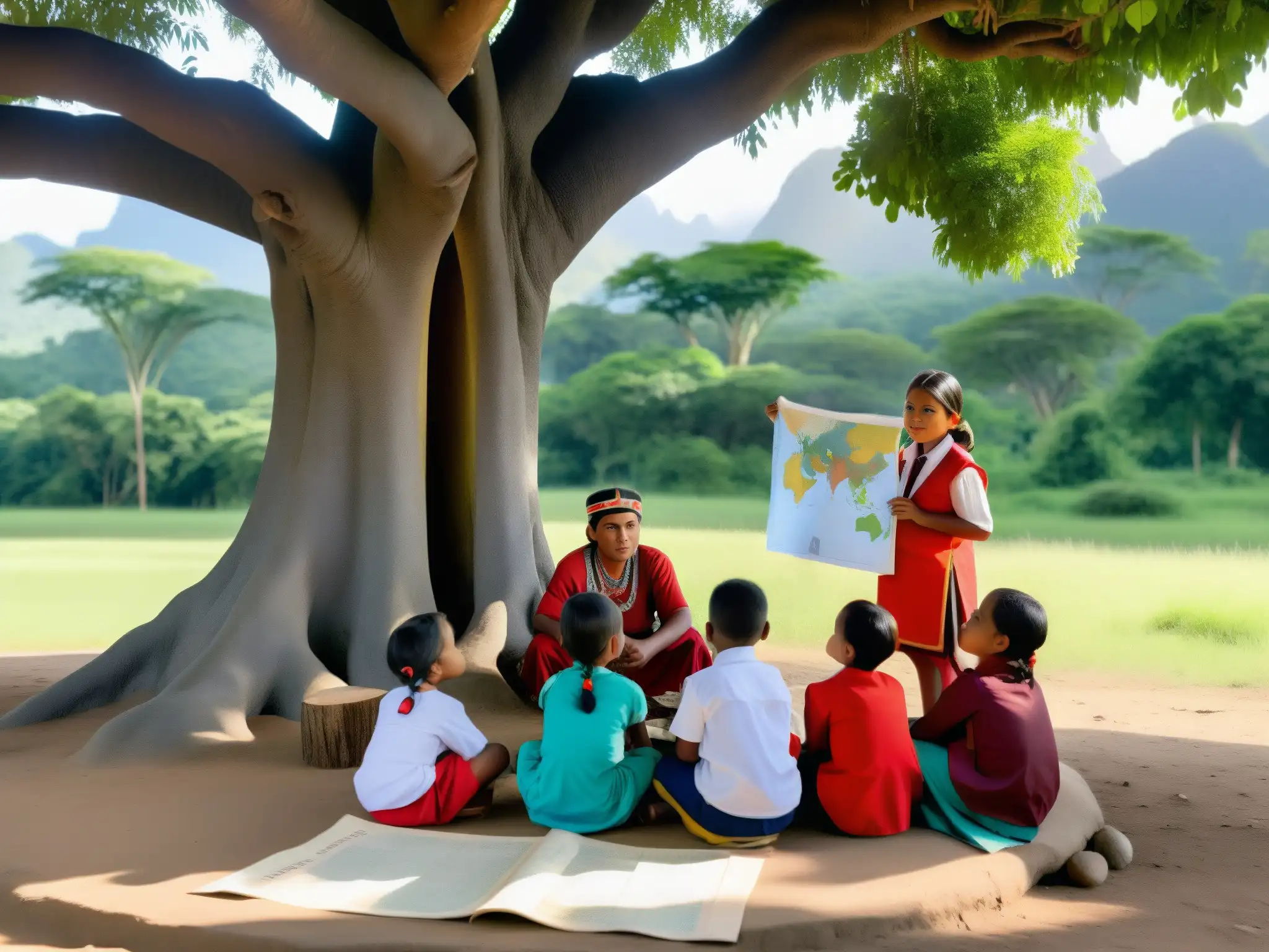 Un anciano indígena enseña a niños bajo un árbol