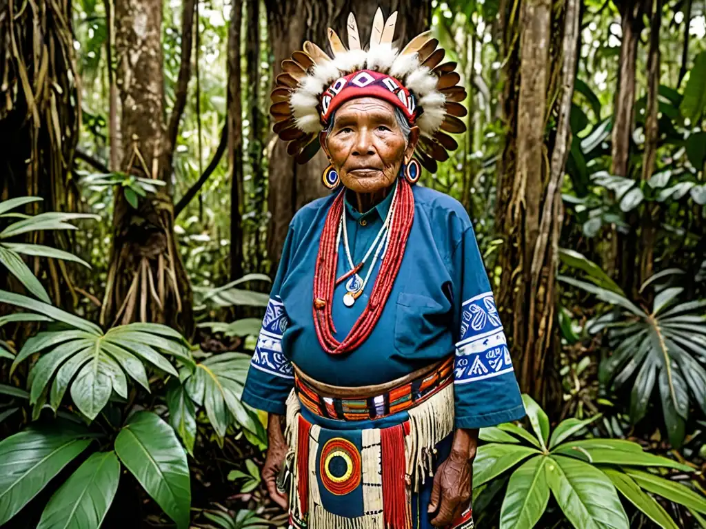 Sabiduría ancestral en la selva: Protección de la herencia genética Un anciano indígena en la exuberante selva, viste atuendo tradicional y sostiene hierbas medicinales