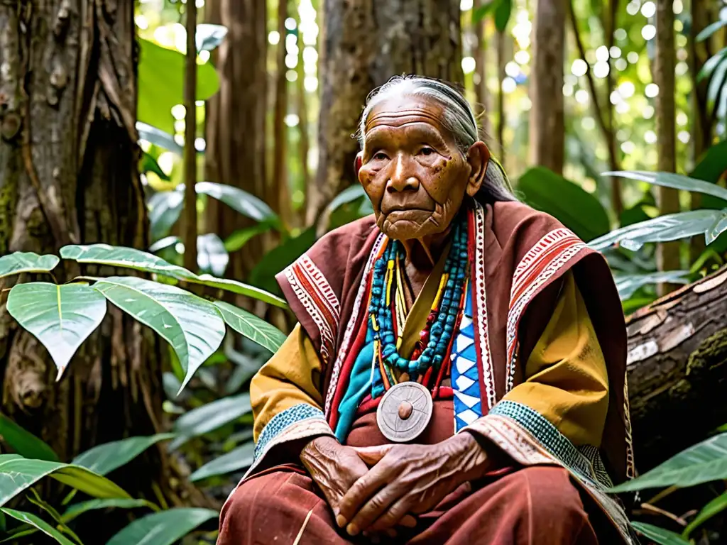 Un anciano indígena en la exuberante selva, con vestimenta tradicional y un objeto ceremonial