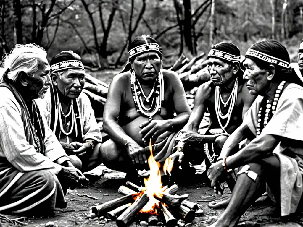 Círculo de sabiduría: líderes indígenas reunidos alrededor de fogata Colaboración intertribal defensa territorios: Ancianos indígenas comparten sabiduría alrededor de fogata, en una escena de profunda conexión cultural
