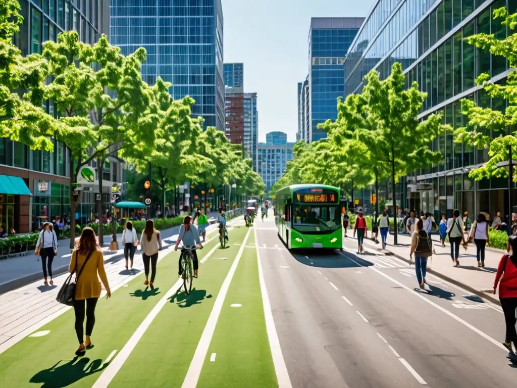 Una animada calle de la ciudad con peatones y transporte sostenible