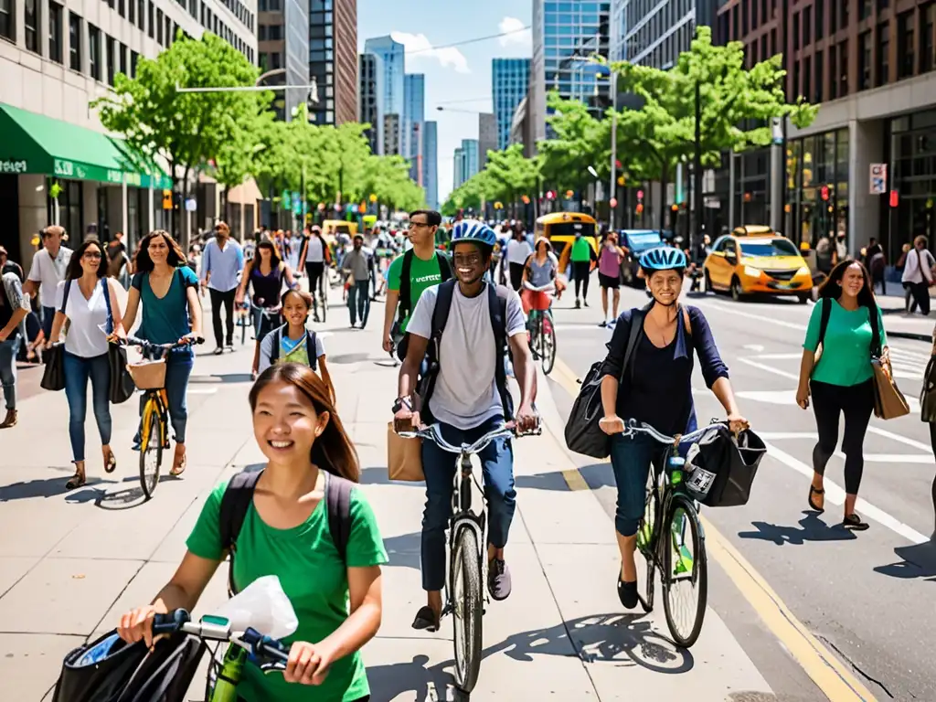 Una animada calle de la ciudad con personas haciendo actividades ecoamigables