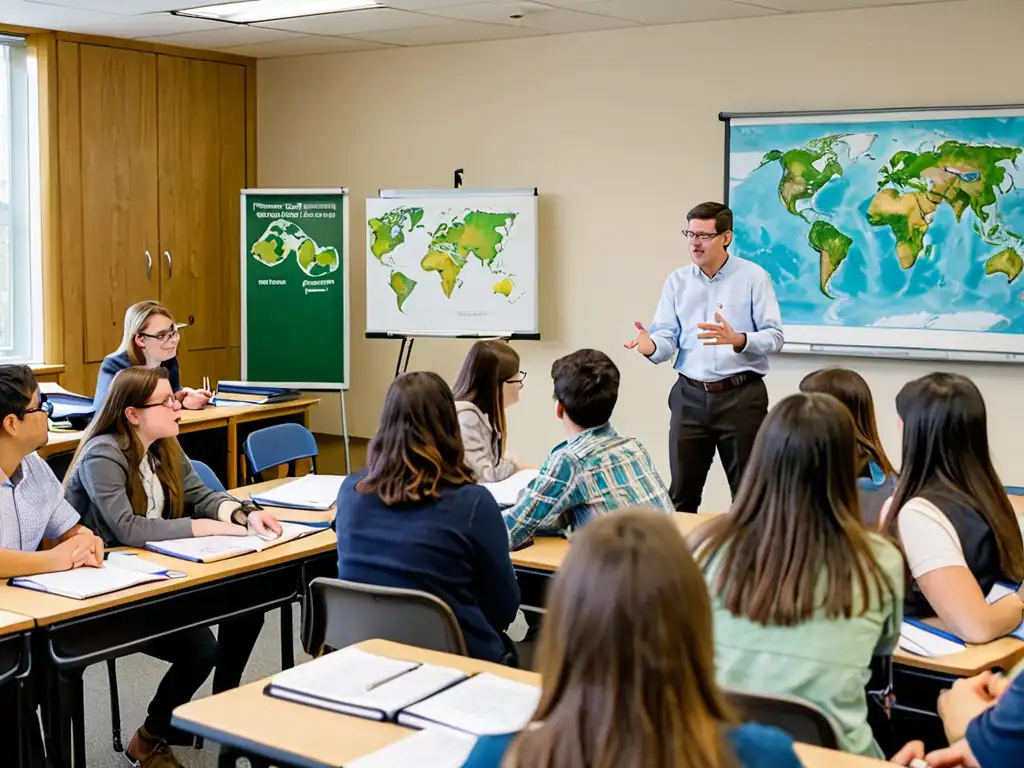 Una animada discusión sobre métodos de enseñanza en derecho ambiental, con estudiantes participativos y un profesor facilitador