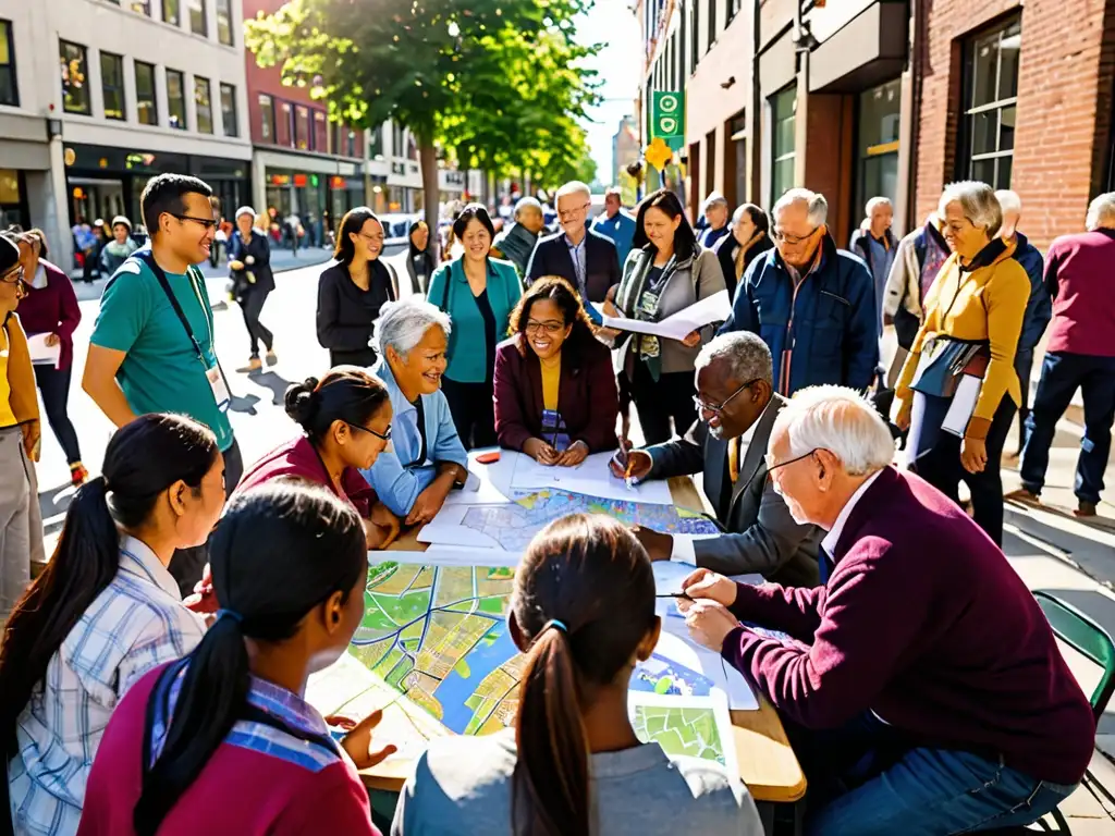 Un animado encuentro de planificación urbana participativa, muestra diversidad e inclusión ciudadana en una bulliciosa calle de la ciudad