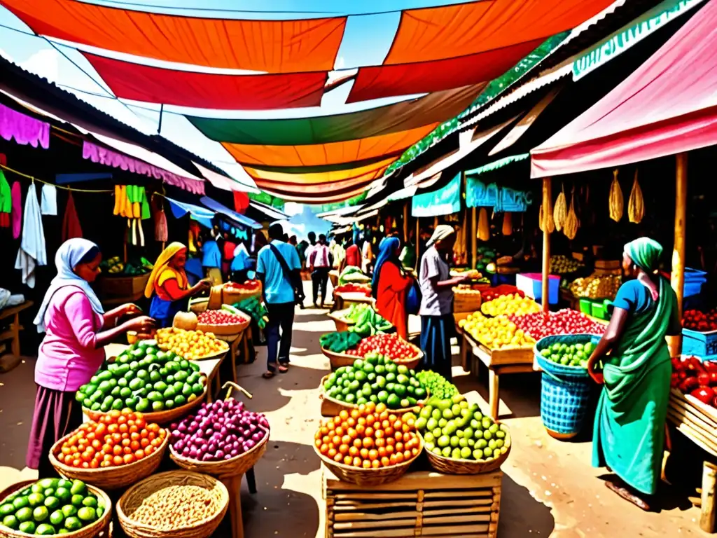 En un animado mercado de un país en desarrollo, los vendedores ofrecen productos locales bajo coloridas carpas