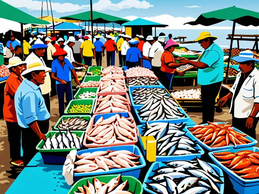 Un animado mercado de pescado en una ciudad costera de América Latina, con pescadores locales y una gran variedad de mariscos frescos