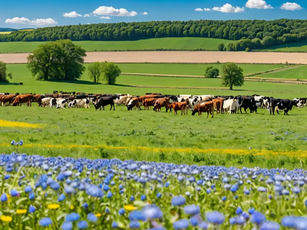 Una apacible escena rural europea, con campos floridos y ganado pastando en armonía