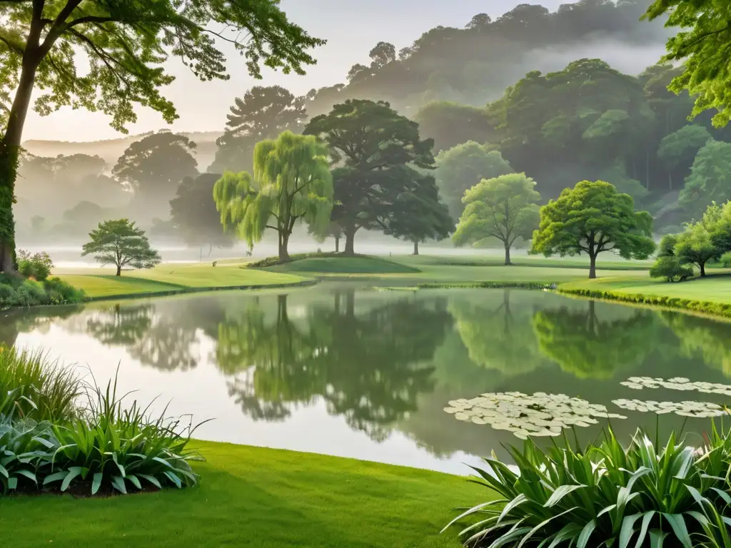 Un apacible paisaje de parque con diversidad de árboles y plantas