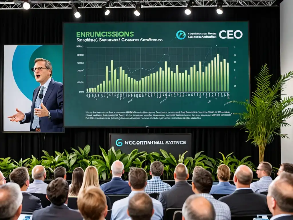 Un CEO apasionado liderando una conferencia ambiental, comprometido con la sostenibilidad, rodeado de un público atento y decoración ecológica