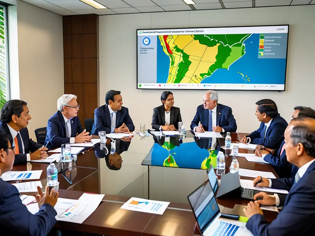 Un apasionado debate sobre legislación energías renovables América Latina en una moderna sala de conferencias con luz natural