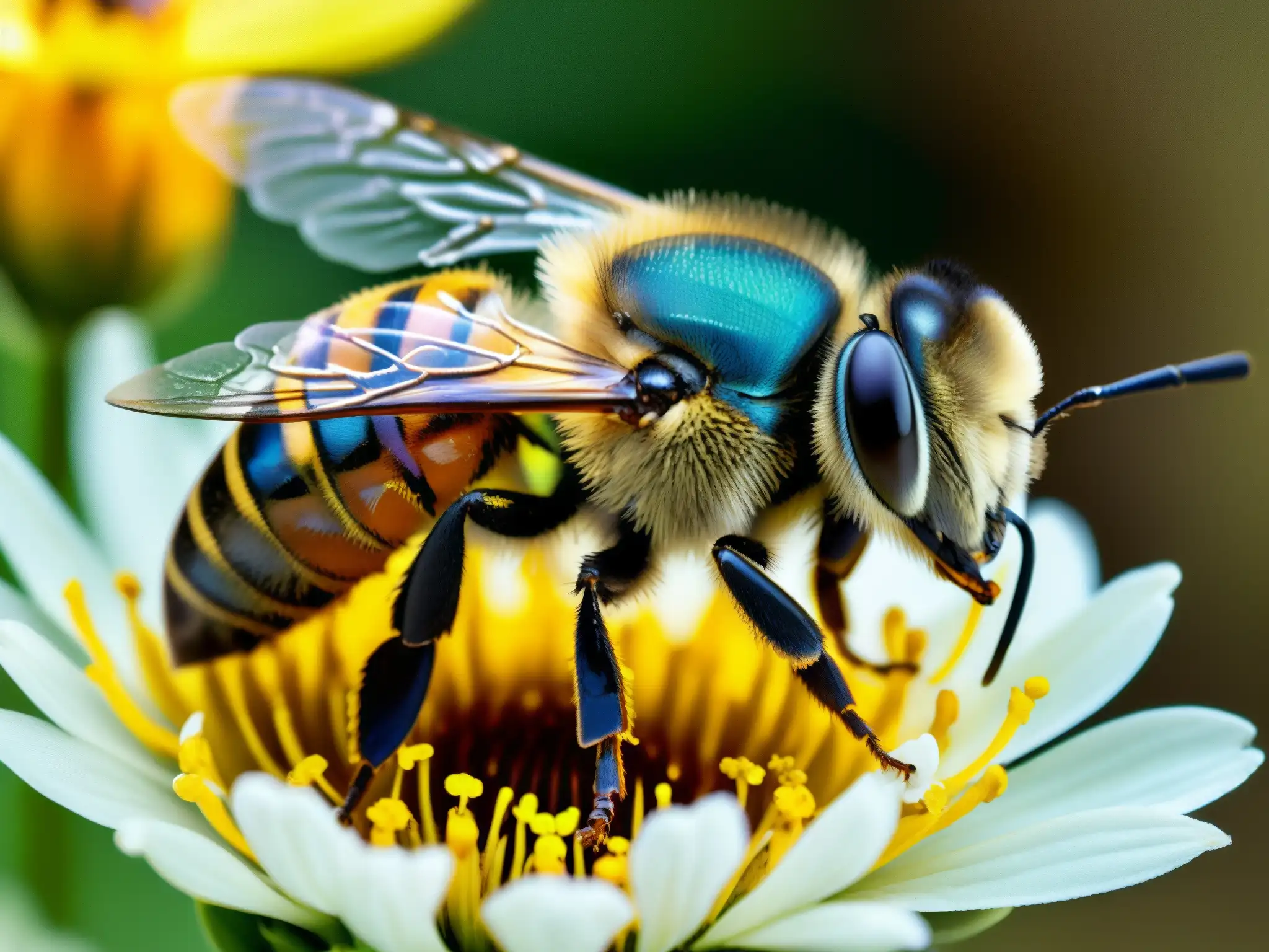 Un apasionante retrato de una abeja cubierta de polen en pleno vuelo, rodeada de flores y follaje detallados