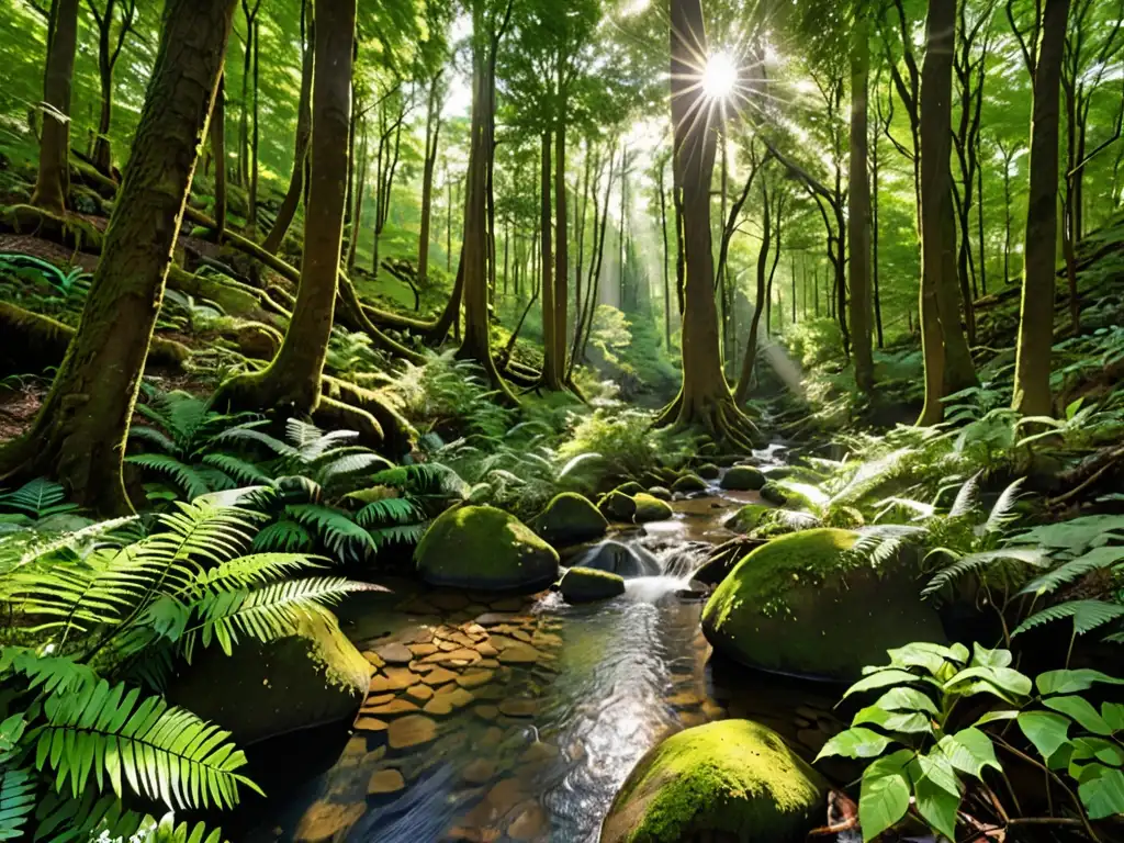 Bosque virgen con árboles majestuosos, luz solar filtrándose y un arroyo cristalino