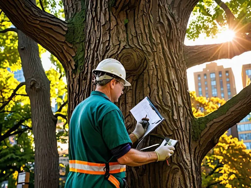 Un arborista inspecciona cuidadosamente un majestuoso árbol centenario en medio de una bulliciosa ciudad