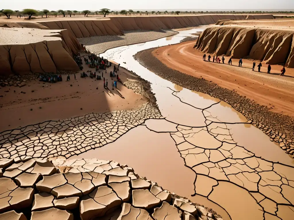 África: paisaje árido con sequía, río seco y discusión sobre legislación conflictos recursos naturales