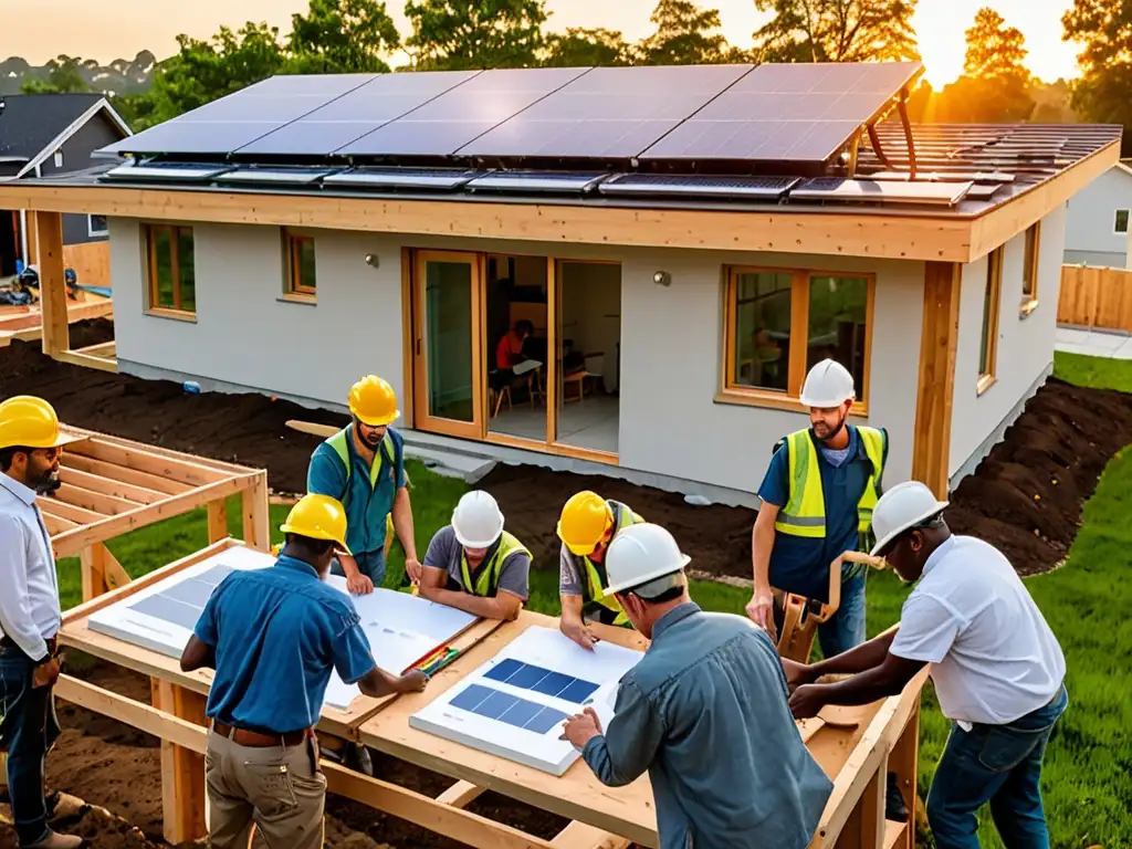 Arquitectos y trabajadores construyendo viviendas ecológicas con paneles solares, sistemas de recolección de agua y espacios verdes