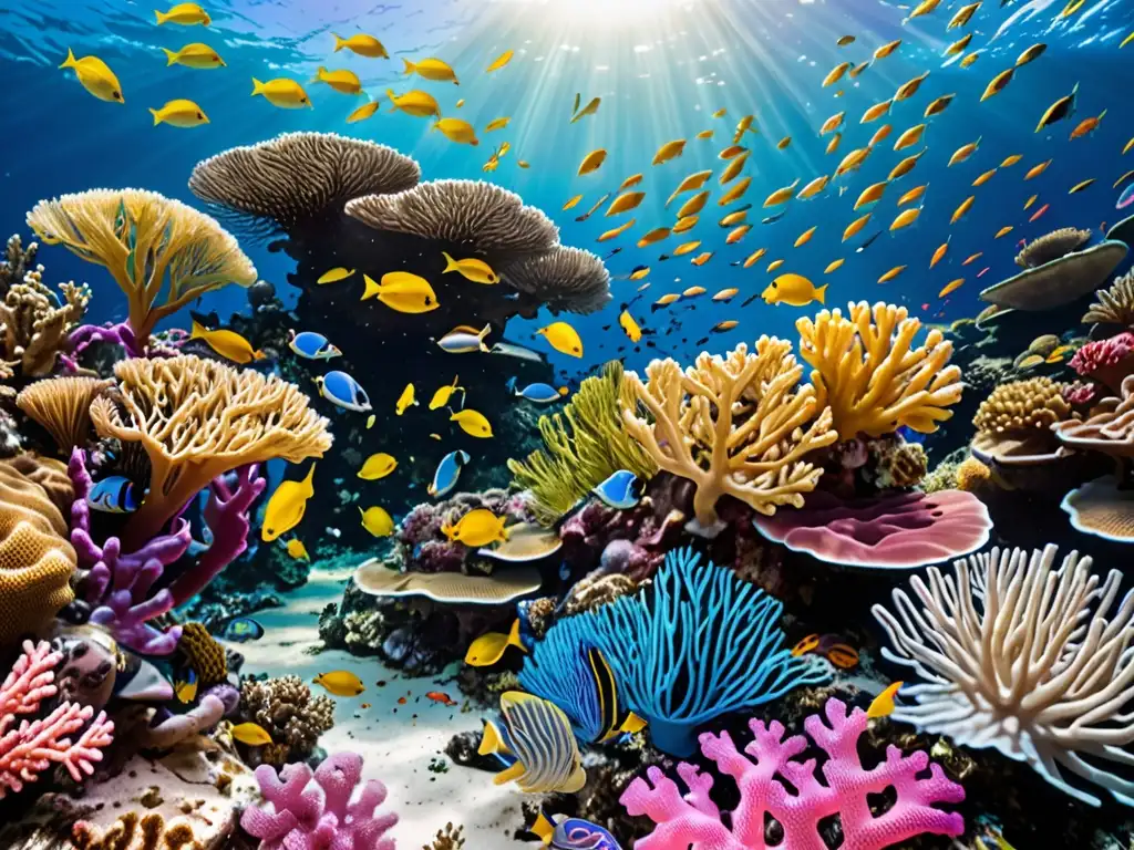 Un arrecife de coral vibrante con diversa vida marina, mostrando colores y texturas