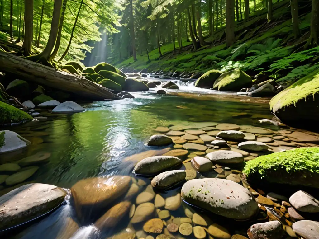 Un arroyo de montaña fluye entre árboles verdes, con luz solar filtrándose a través de las hojas