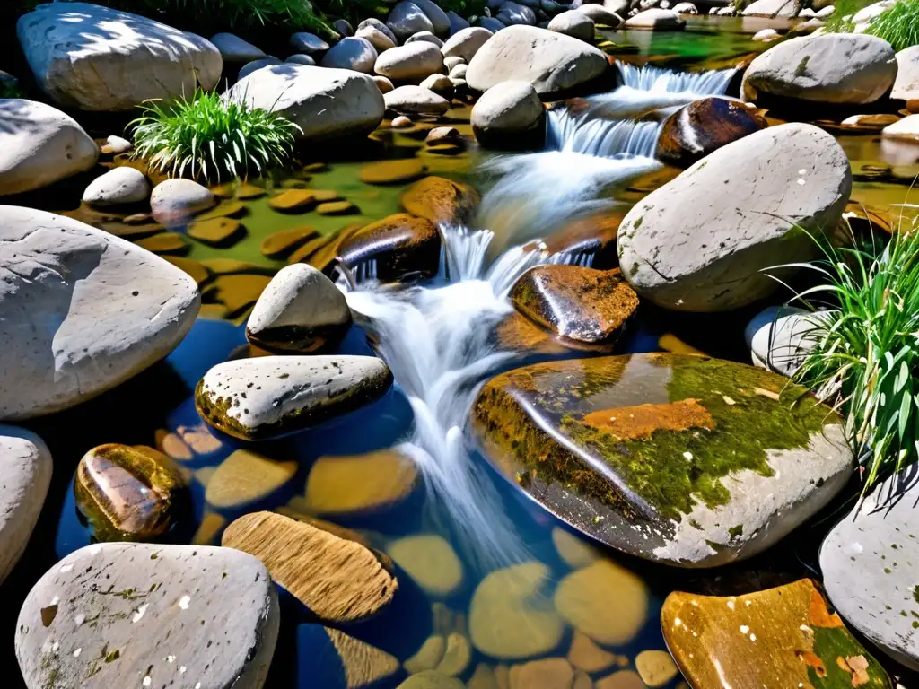 Arroyo de montaña cristalino, reflejando la exuberante vegetación y el cielo azul