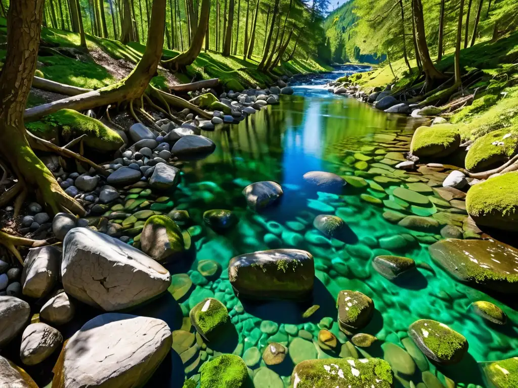 Un arroyo de montaña serpenteando entre un exuberante bosque verde, con luz del sol filtrándose entre los árboles y proyectando sombras moteadas en el agua cristalina