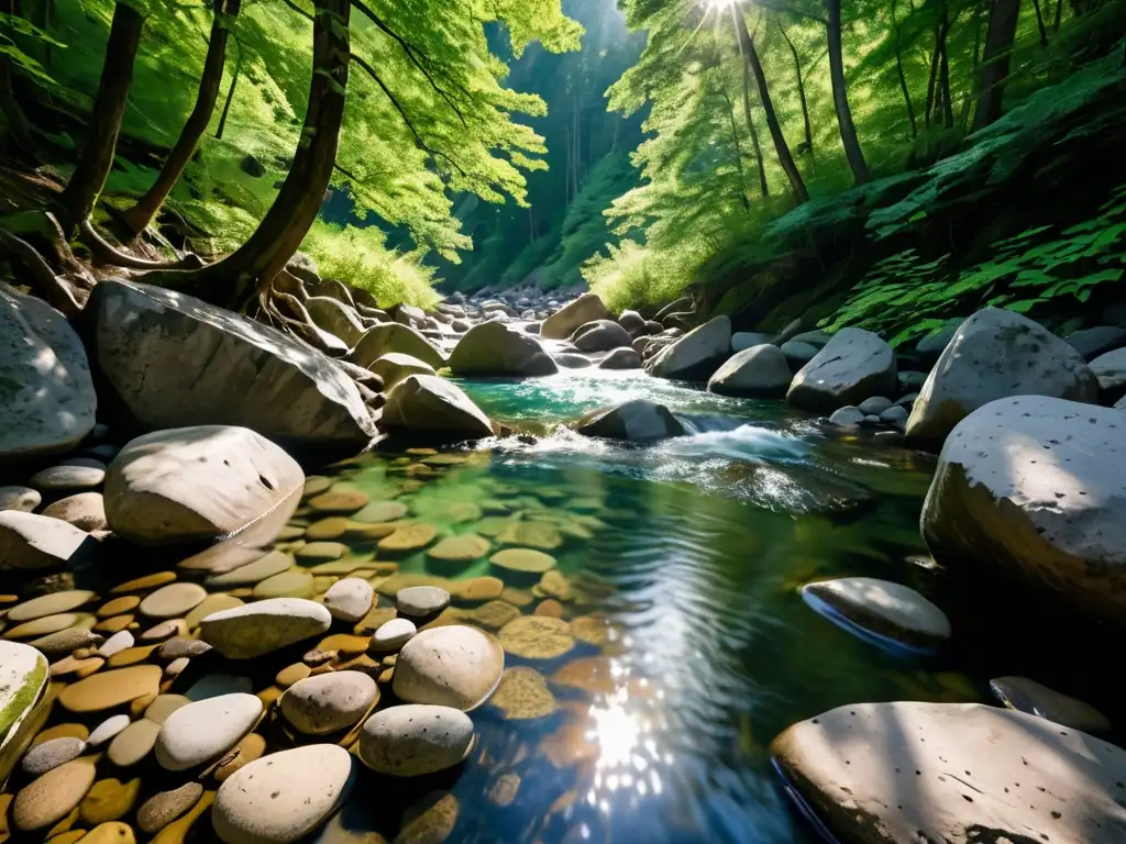 Un arroyo de montaña sereno, reflejando la exuberante vegetación