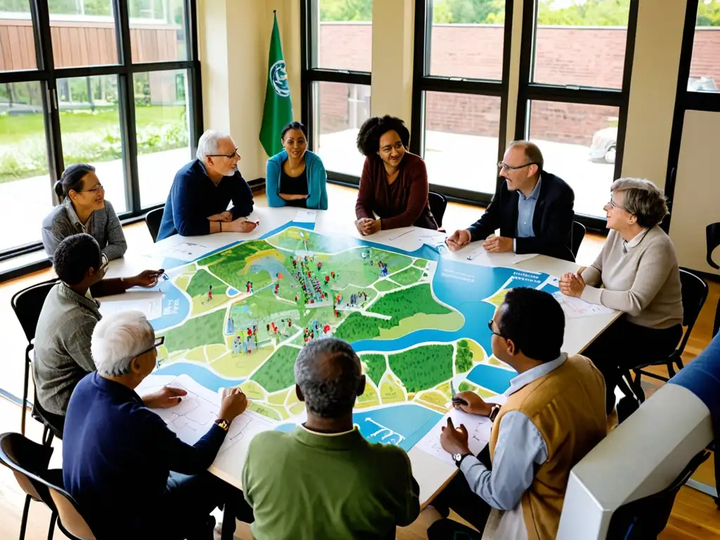 Reunión comunitaria sobre medio ambiente Participación pública en asuntos ambientales: Comunidad diversa discute ideas sobre conservación en centro comunitario luminoso