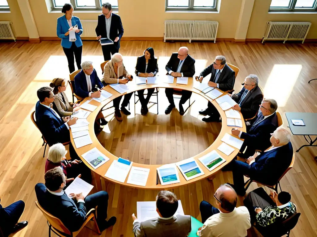 Reunión comunitaria sobre medio ambiente: pasión y colaboración Participación pública en asuntos ambientales: Reunión bulliciosa en ayuntamiento sobre temas ecológicos, con gente diversa colaborando y debatiendo
