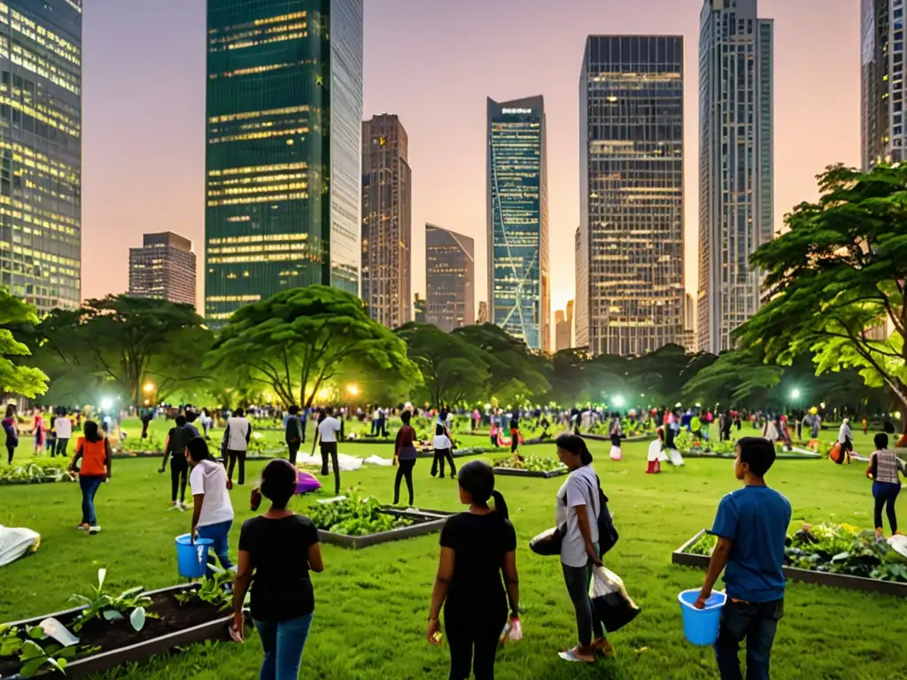 Un atardecer en la ciudad, con rascacielos modernos y parques verdes, muestra la integración de desarrollo urbano y conservación