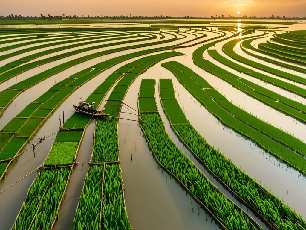 Atardecer dorado sobre el Delta del Mekong en Vietnam, con redes de agua y arrozales verdes