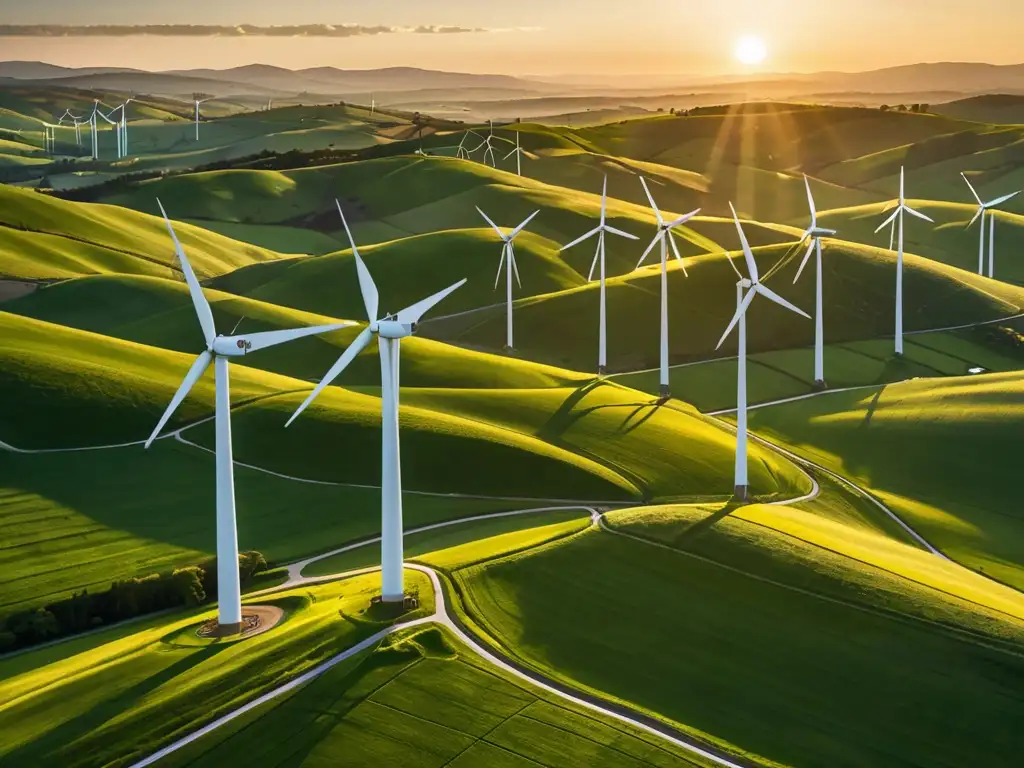 Un atardecer dorado sobre un extenso campo eólico rodeado de colinas verdes