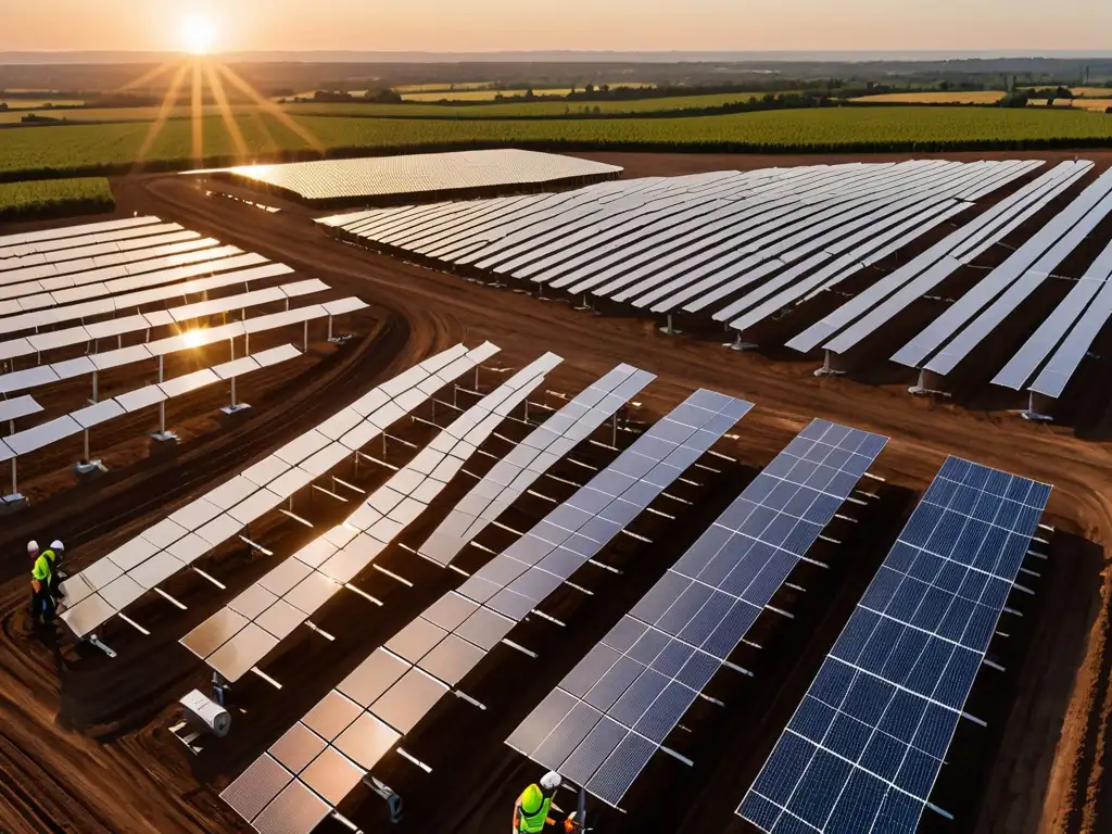 Un atardecer dorado baña una granja de paneles solares, resaltando la ética en el uso de tecnologías limpias