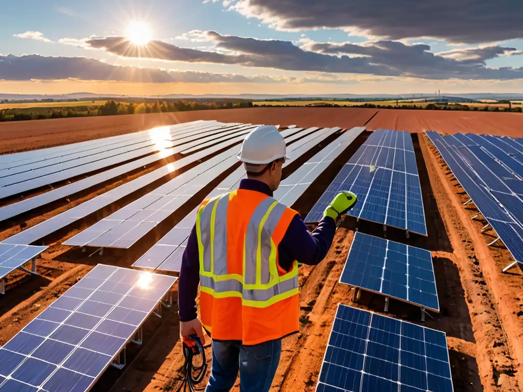 Un atardecer en una granja solar de vanguardia, con paneles relucientes y un técnico ajustando un panel