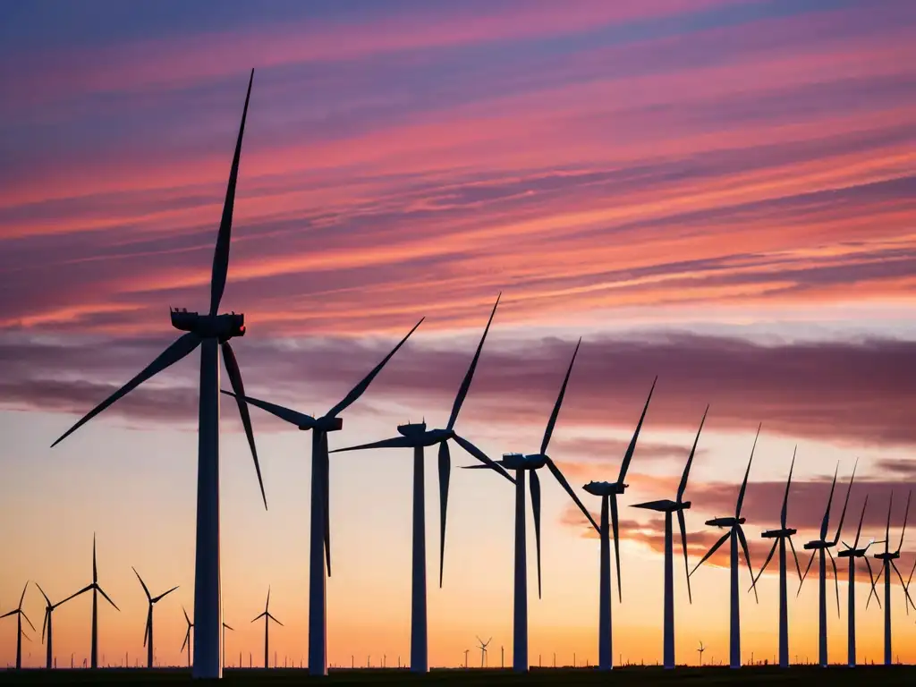 Un atardecer impresionante en un parque eólico con molinos de viento imponentes que transforman la industria energética por leyes cambio climático