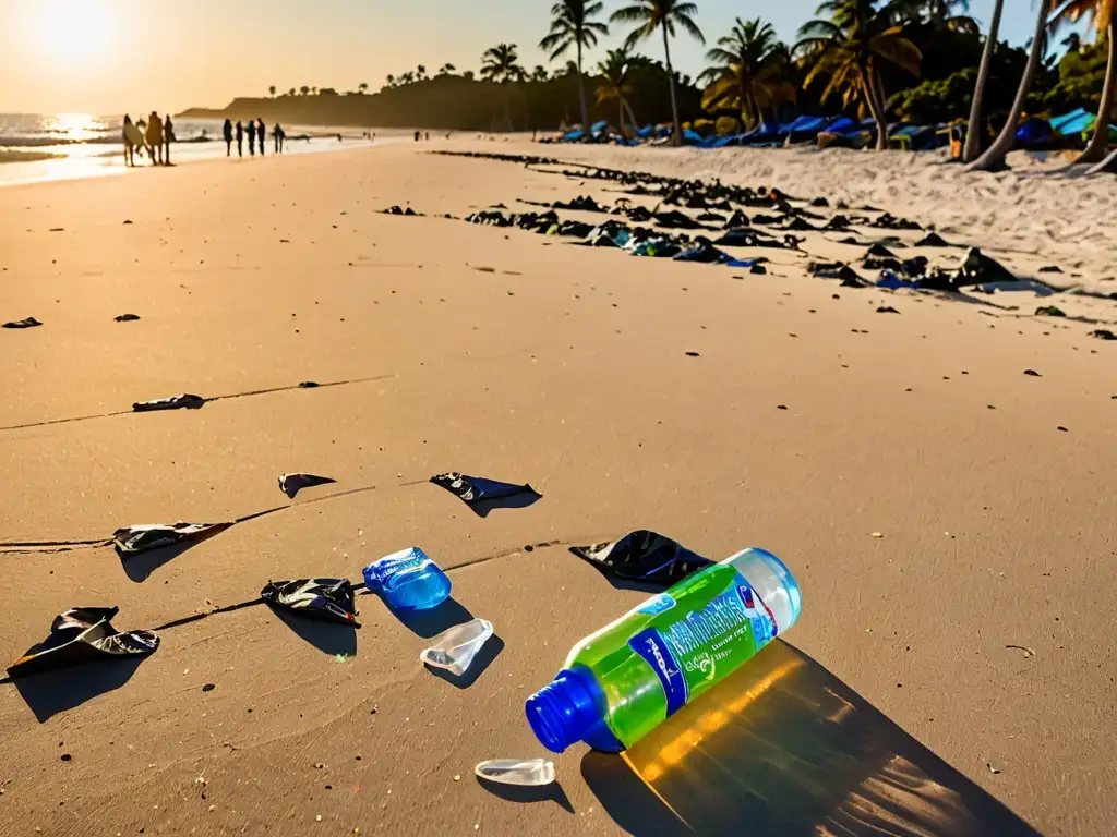 Un atardecer en la playa con sombras alargadas de palmeras y un grupo de voluntarios recogiendo residuos plásticos