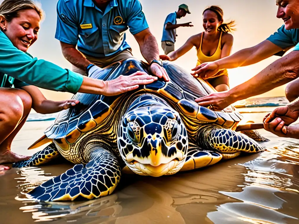 Emotiva liberación de tortuga marina: esperanza y conservación Un atardecer vibrante refleja los esfuerzos globales para proteger especies, al liberar con cuidado a una tortuga marina rehabilitada en el océano