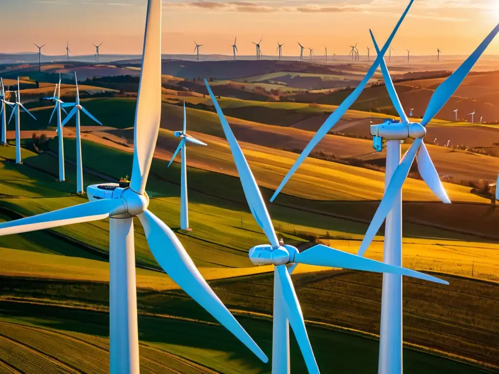 Un atardecer vibrante sobre un parque eólico en el campo europeo, con turbinas en rotación y paneles solares