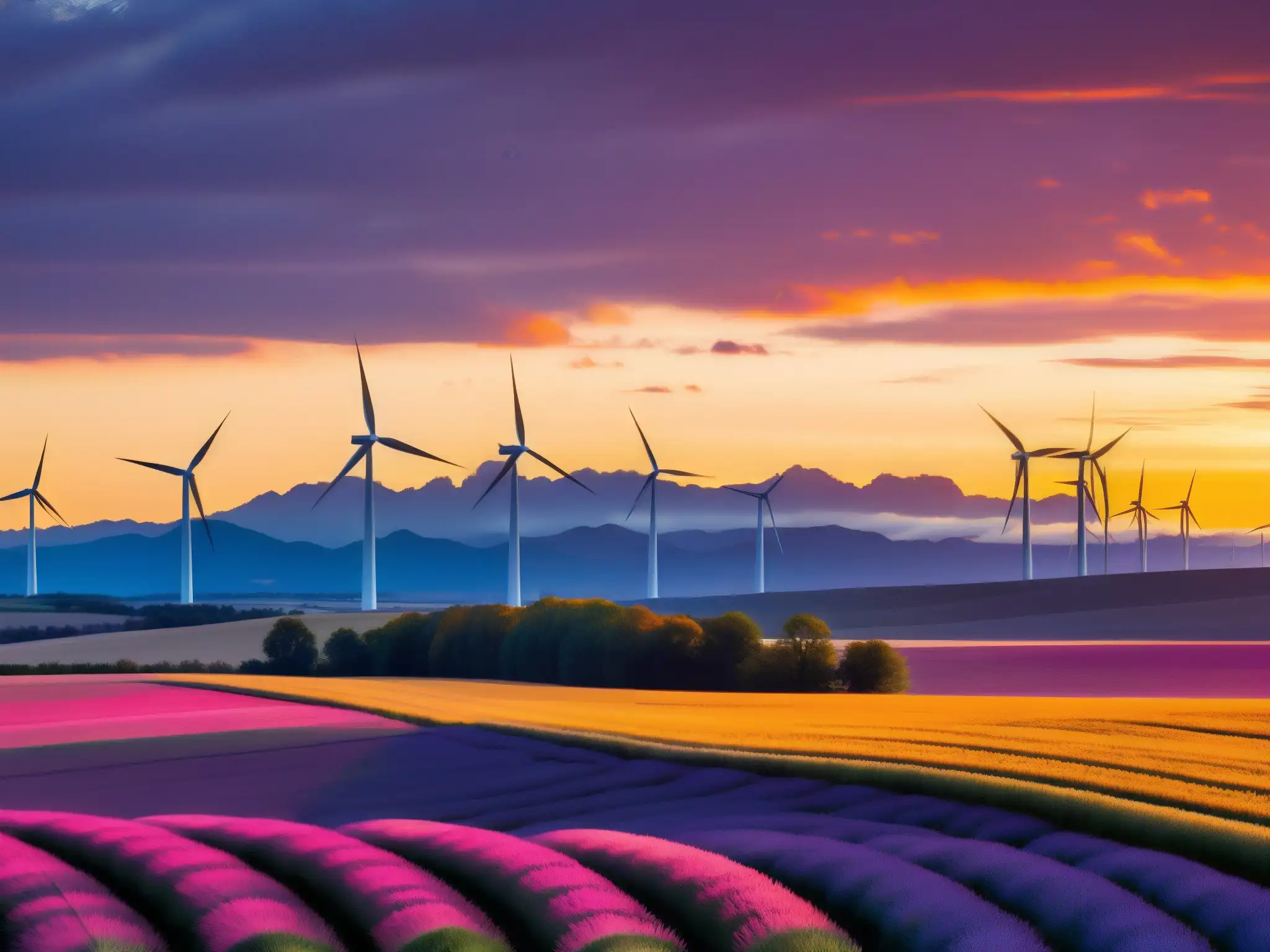 Un atardecer vibrante en una planta de energía renovable