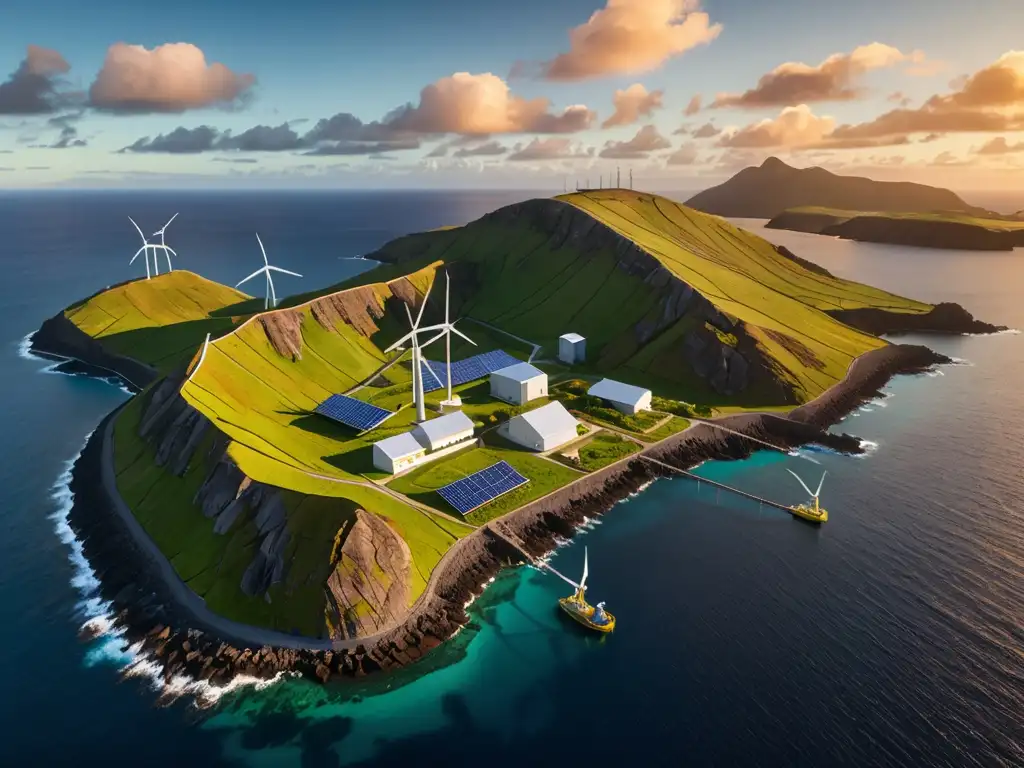 Un atardecer vibrante ilumina la tecnología de energía renovable en una remota isla