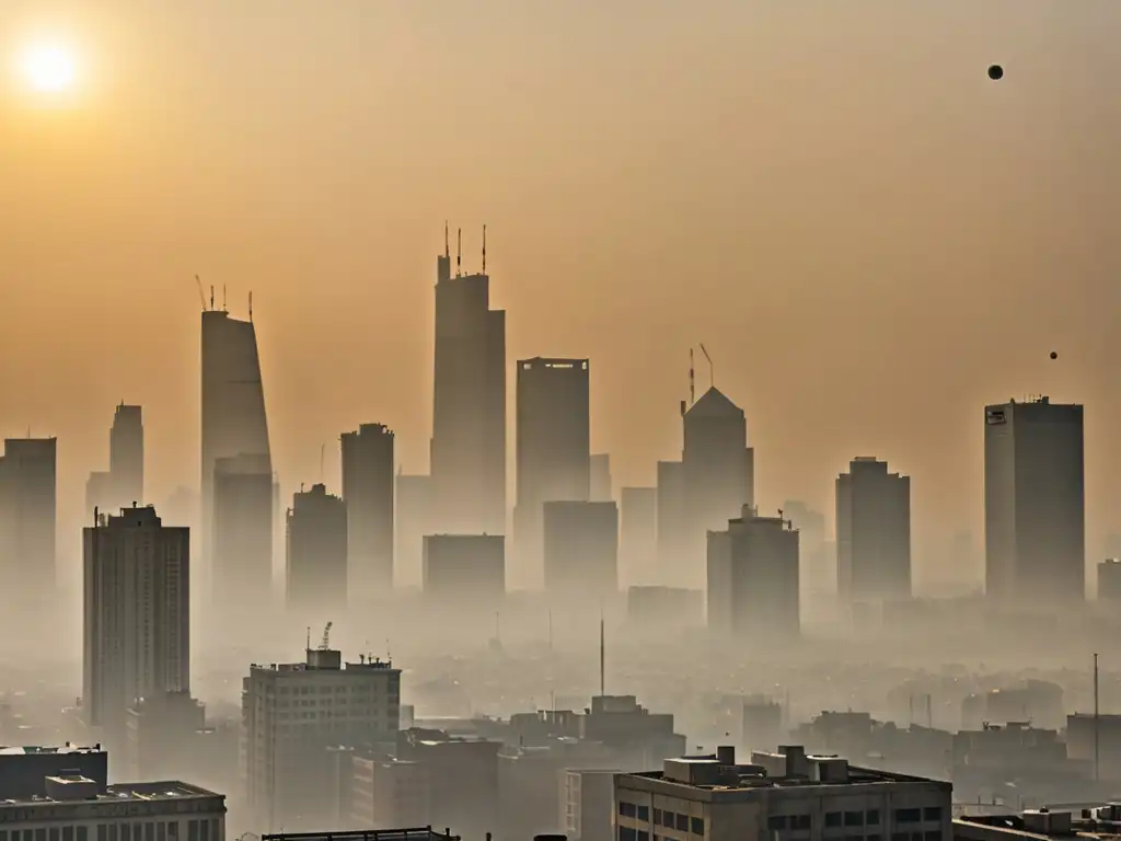 Contaminación atmosférica en la ciudad: impacto visual 'Atmósfera urbana envuelta en smog, con sol apenas visible