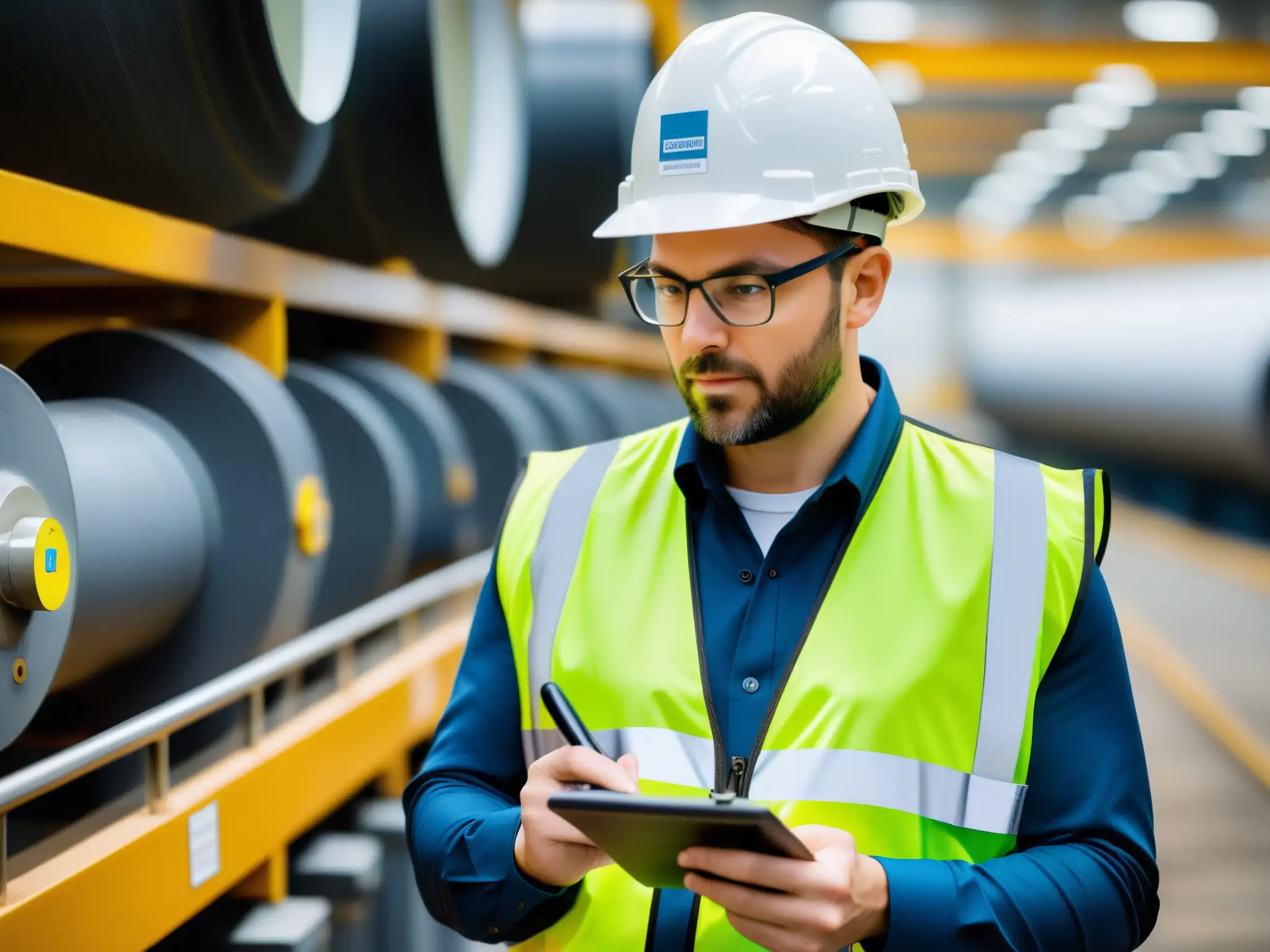 Un auditor ambiental corporativo inspecciona una planta industrial, garantizando la legislación ambiental