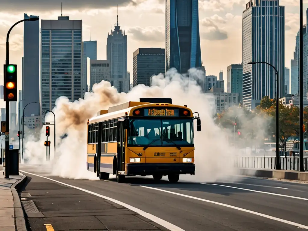 Autobús emitiendo humo negro con impacto global leyes emisiones transporte