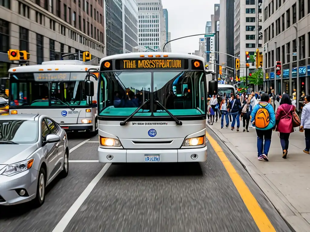 Un autobús de transporte público emite limpias y bajas emisiones mientras avanza por la ciudad, impacto global leyes emisiones transporte