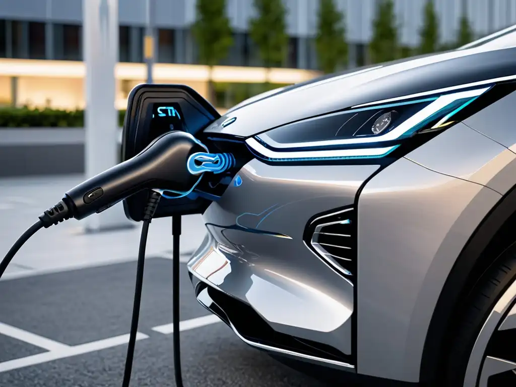 Un automóvil eléctrico futurista se carga en una estación avanzada, simbolizando las regulaciones de emisiones de carbono en la industria automotriz