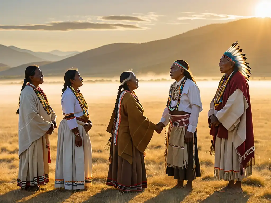 Autoridades indígenas unidas en círculo, con vestimenta tradicional, se conectan espiritualmente en la vasta llanura al amanecer