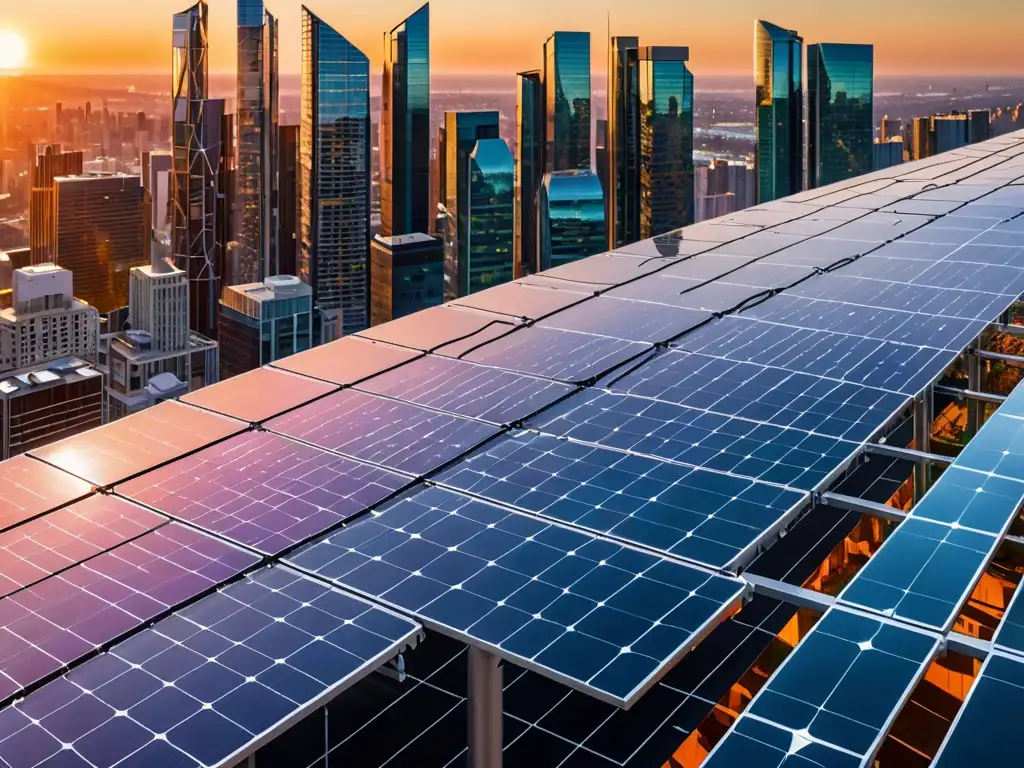 Avances tecnológicos energía solar: Instalación futurista de paneles solares en ciudad moderna al atardecer